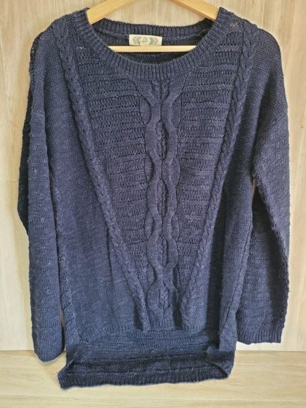 Pink Rose Sweater Juniors L Blue Cable Knit Pullover Loose Soft Cozy Top Womens